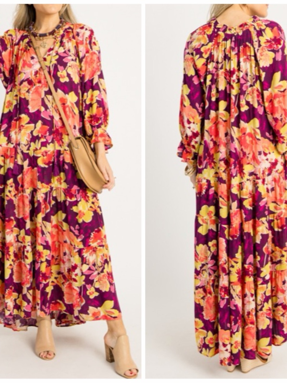 Easel Purple Multi Tiered Ruffle Floral Tassel Puff Sleeve Maxi Dress w/Pockets! - Picture 5 of 10